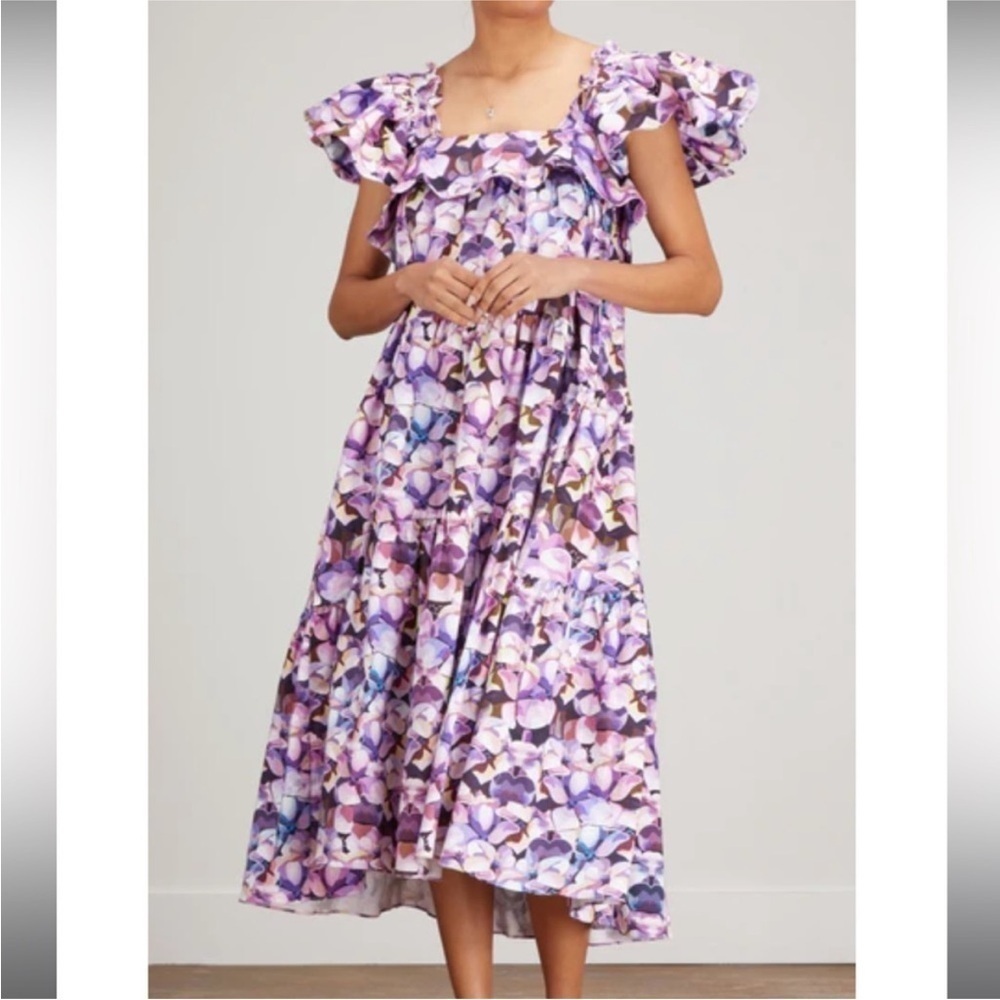 Kika Vargas Cicely Flutter Sleeve Ruffle Purple Watercolor Floral Maxi Dress